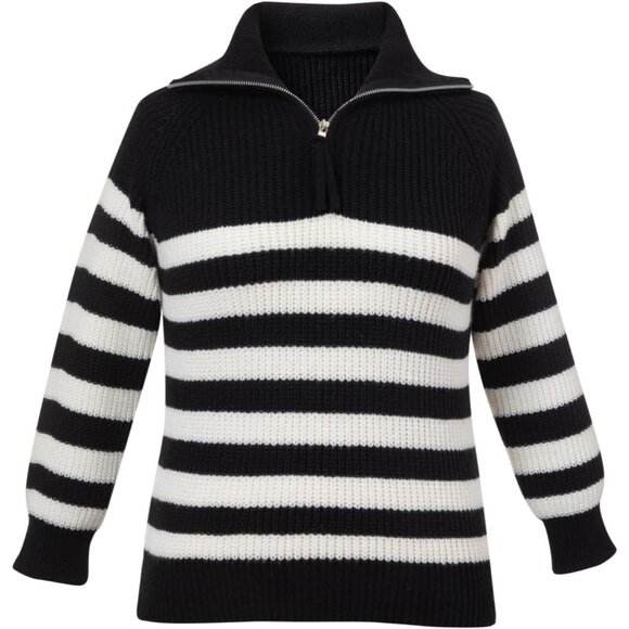 Women's Stripe Sweater Half Turtleneck Zipper Long Sleeve Knit Striped Black - Picture 7 of 7